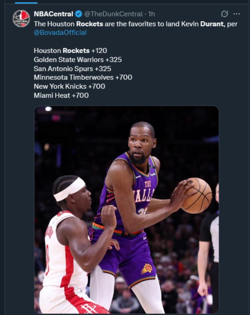 難道說？美媒曬杜蘭特下家賠率，火箭大幅度領跑！